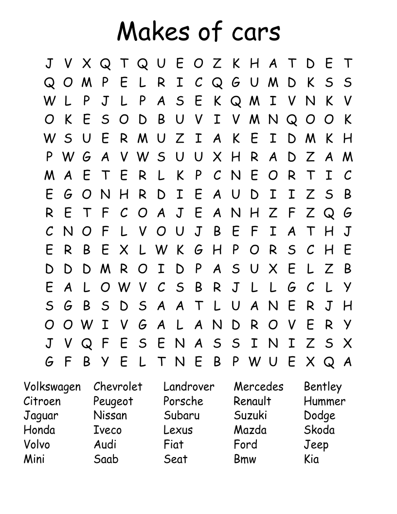 Car Brands Word Search - Wordmint within Free Printable Word Search Cars
