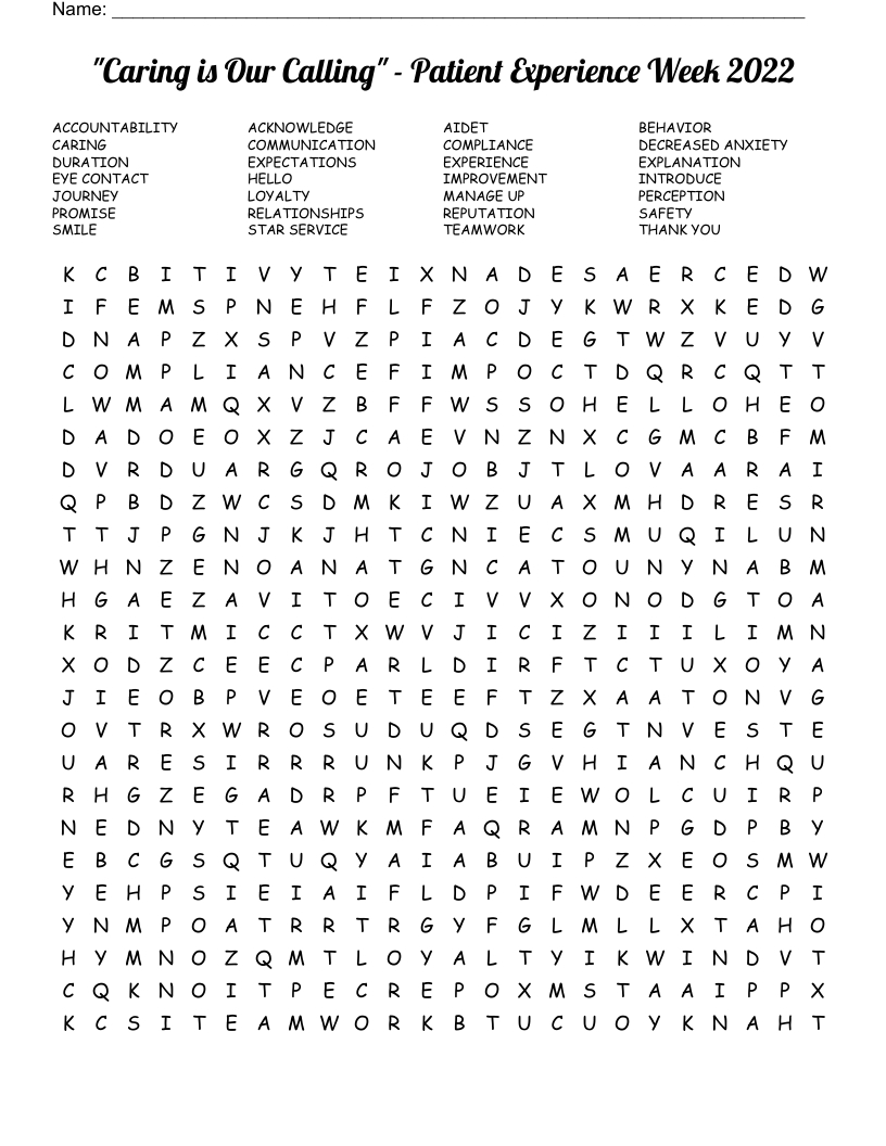 Caring Is Our Calling&amp;quot; - Patient Experience Week 2022 Word Search with regard to Difficult Free Word Search Printable