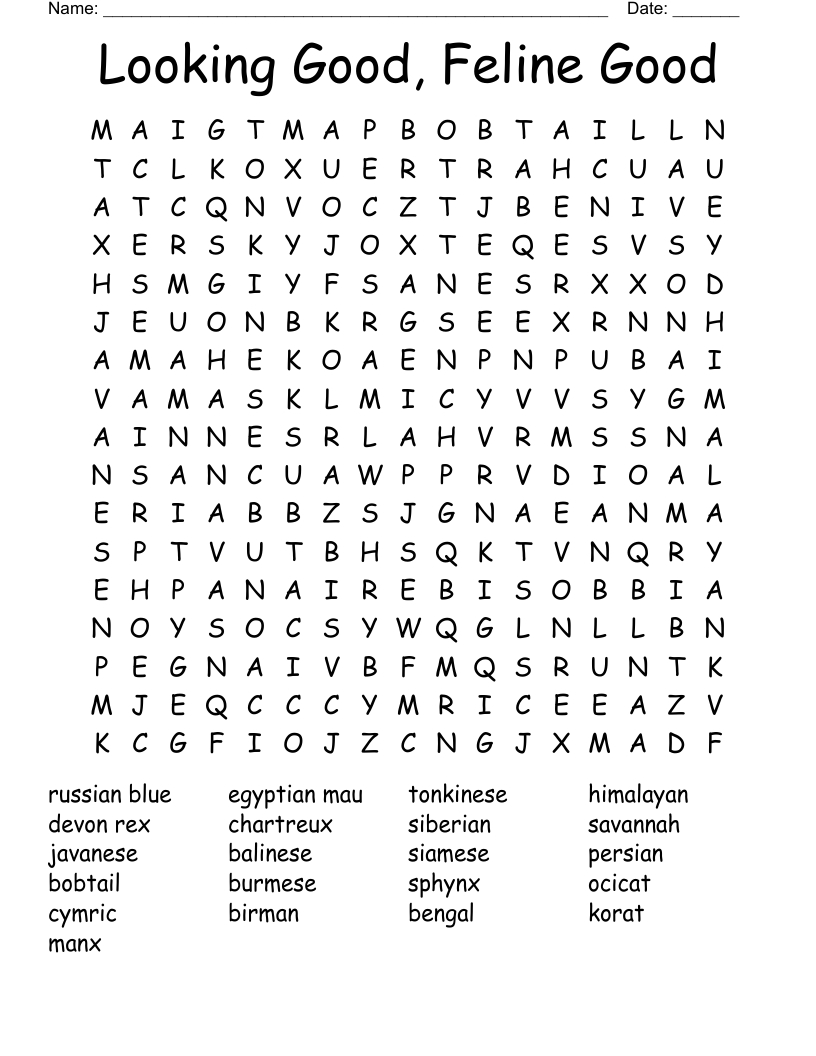 Cat Breeds Word Search - Wordmint inside Cat Word Search Printable