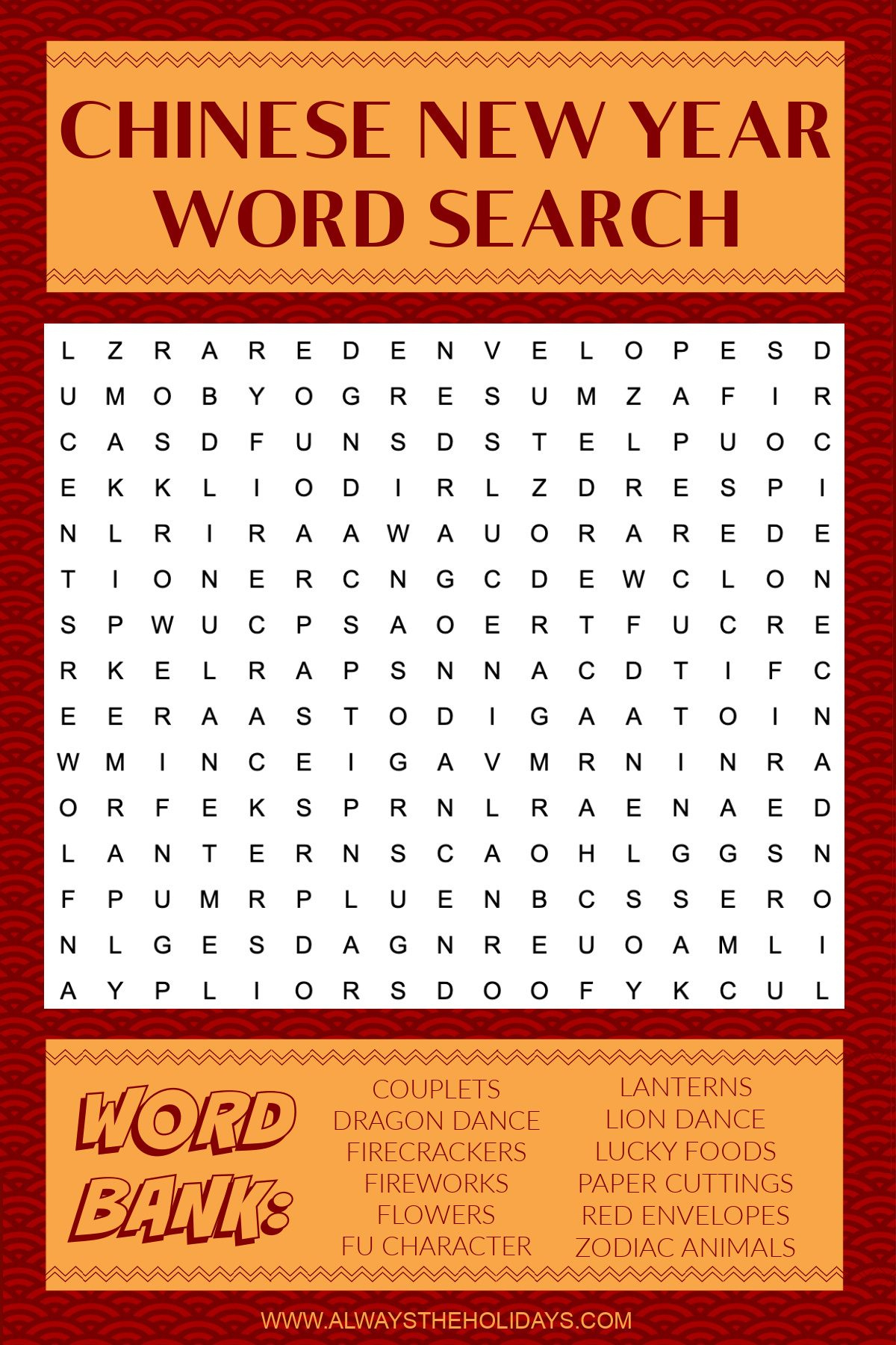 Chinese New Year Word Search - Free Printable With Answer Key inside Free Printable Word Search Chinese New Year