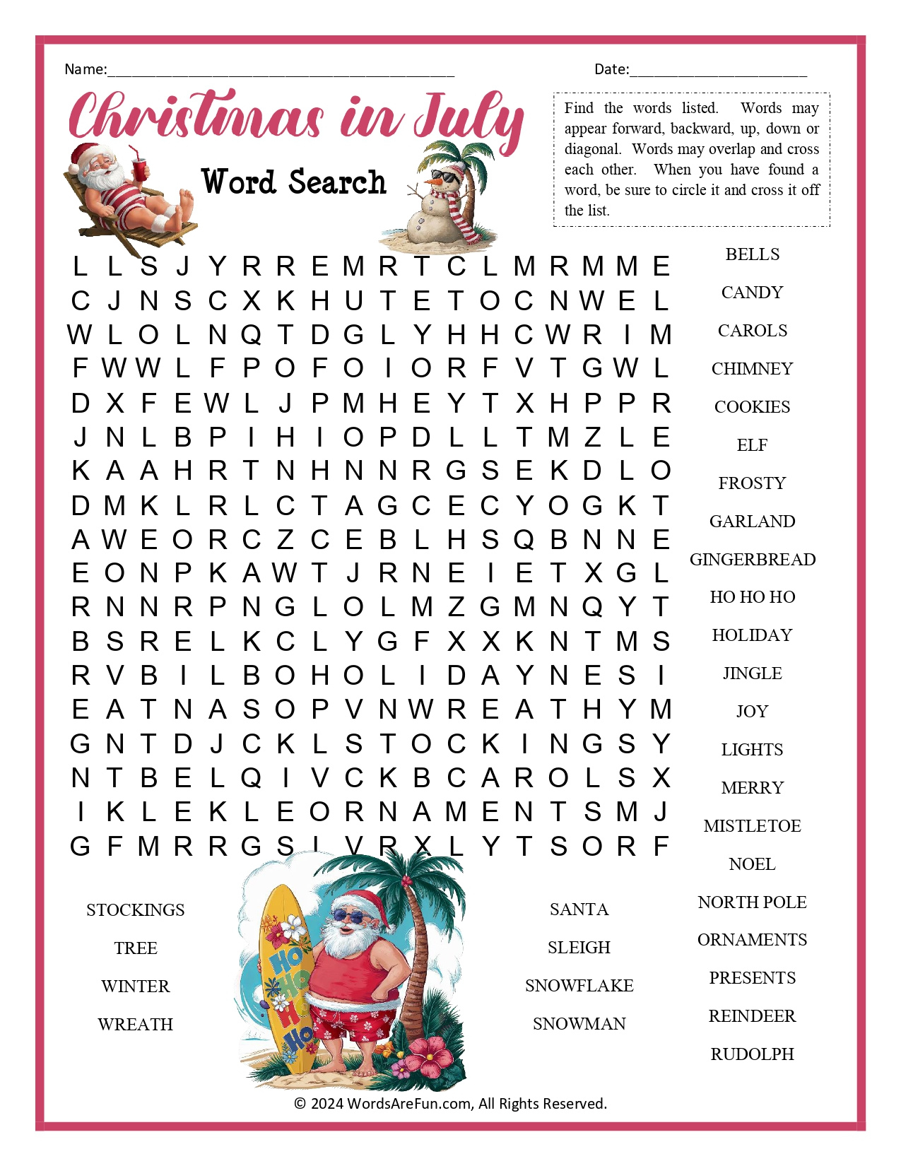 Christmas In July Word Search in Christmas In July Free Word Search