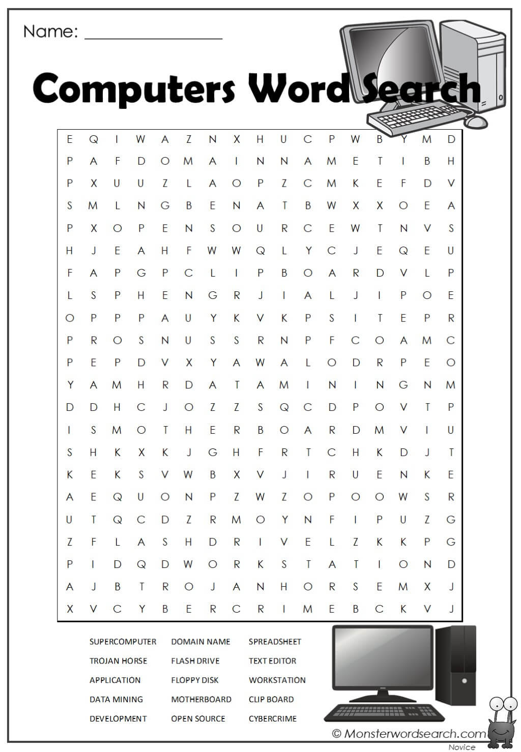 Computers Word Search - Monster Word Search for Computer Word Search Printable