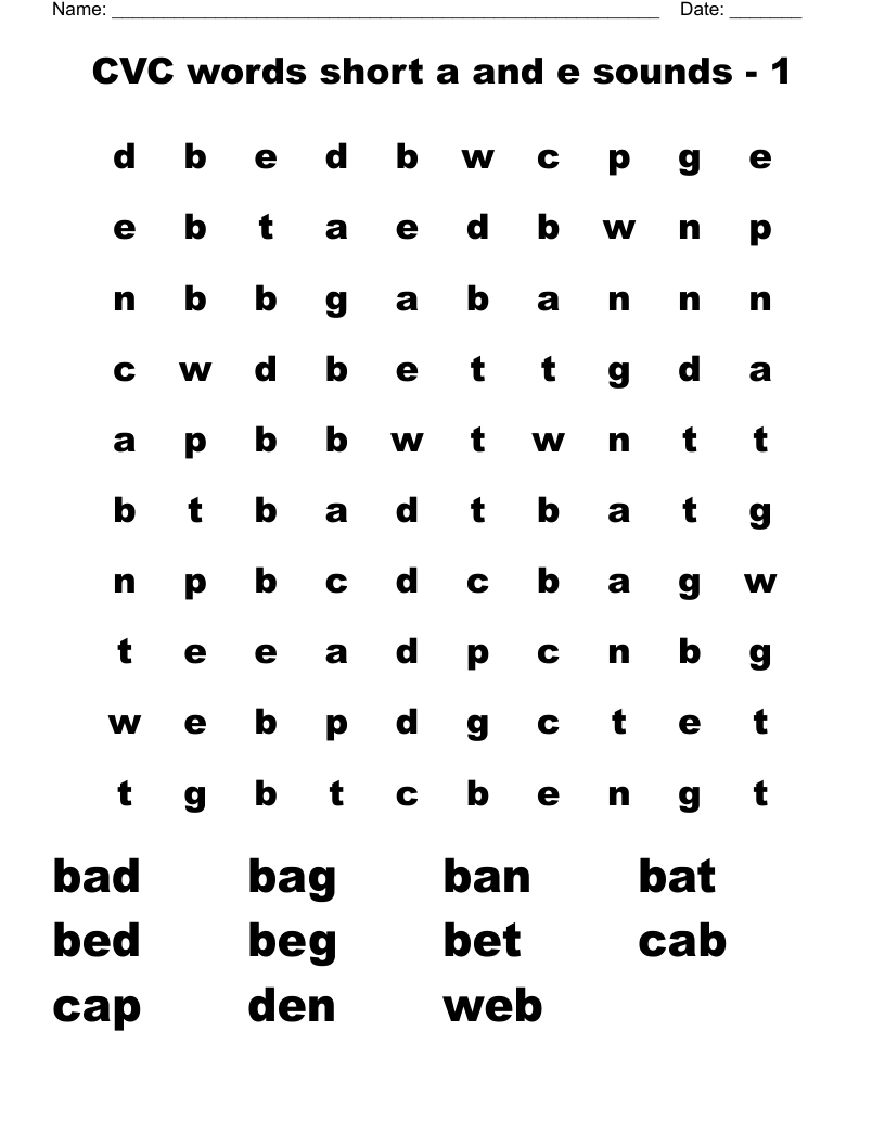 Cvc Words Short A And E Sounds - 1 Word Search - Wordmint with regard to Cvc Word Search Free Printable