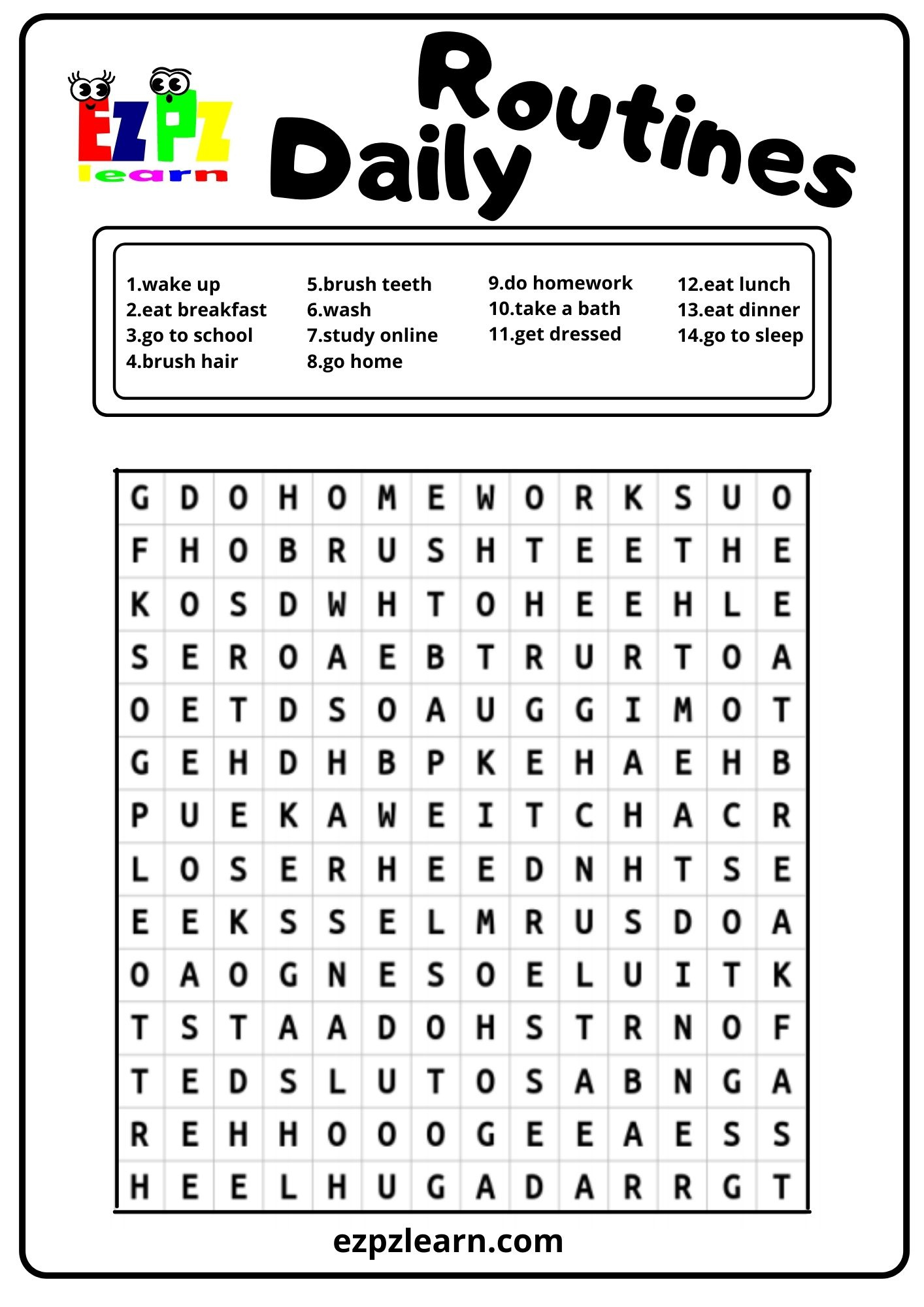 Daily Routine Word Search - Ezpzlearn pertaining to Daily Word Search Printable