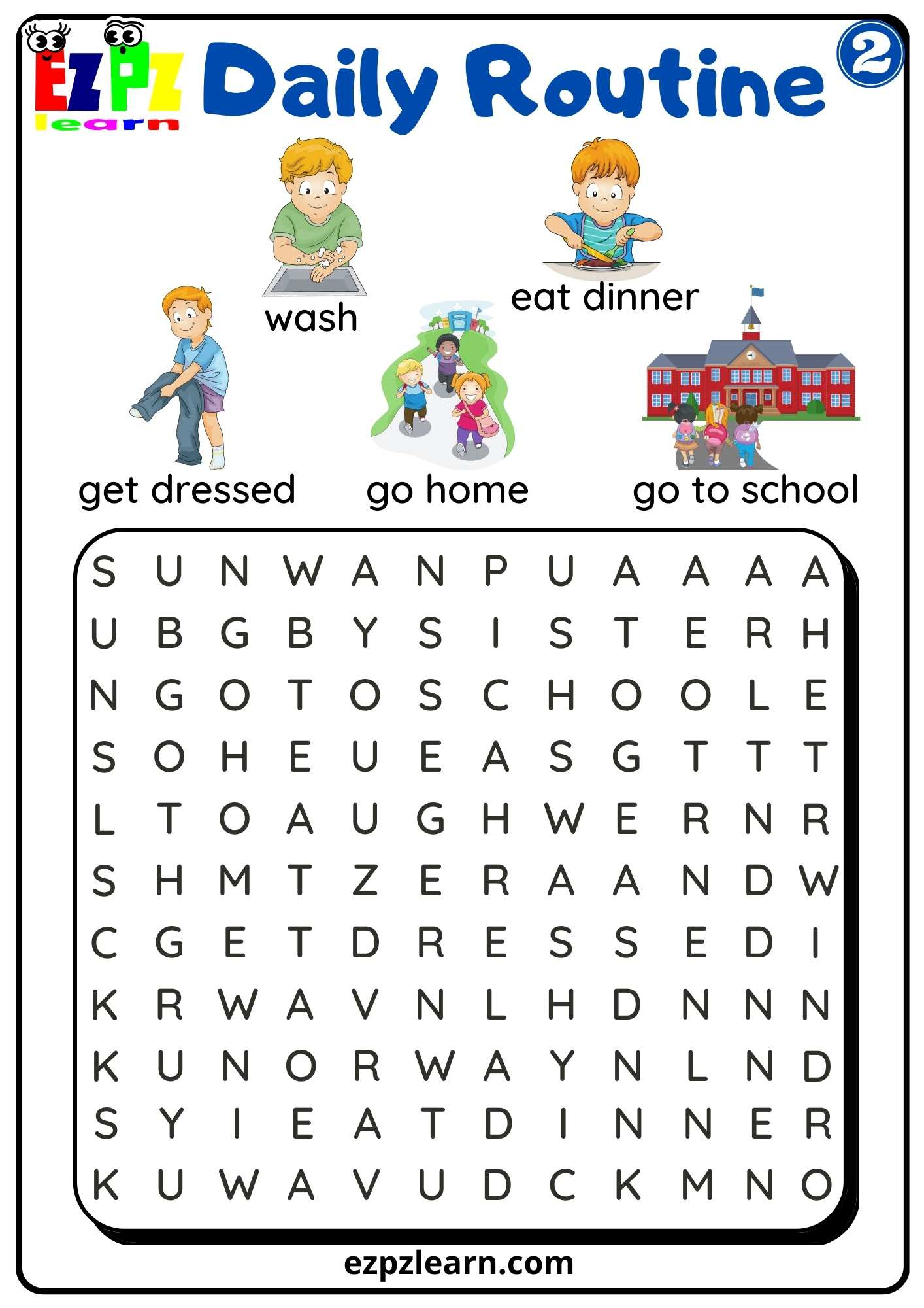 Daily Routines Group 2 Word Search Worksheet For Children And Esl with Free Printable Word Search Grade 2