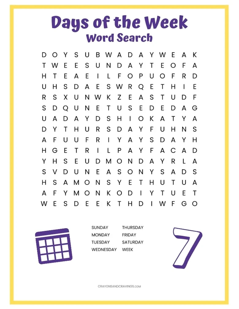 Days Of The Week Word Search - Free Printable Word Search For Kids for Word Search Of The Day Printable