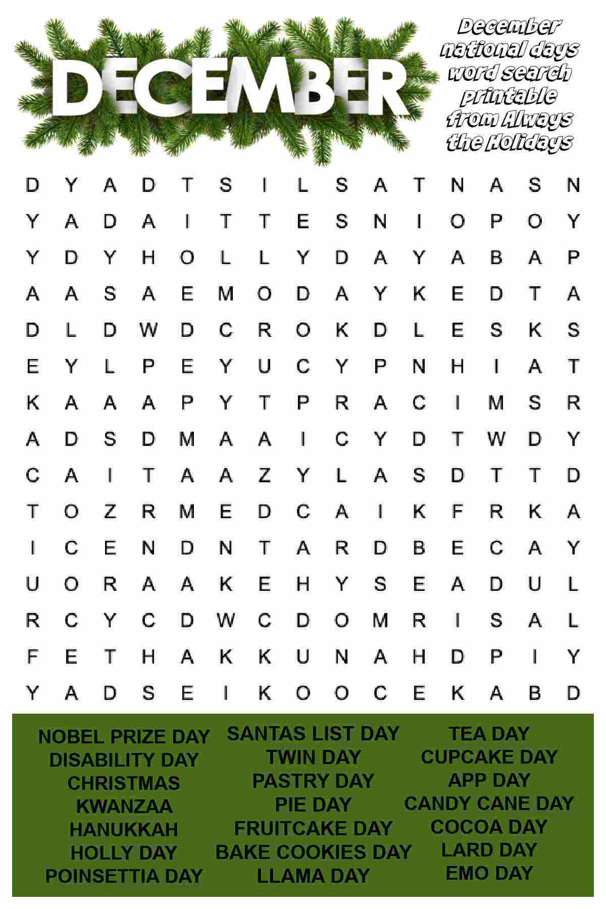 December Word Search Printable - National Days Word Find Puzzle pertaining to December Word Search Printable