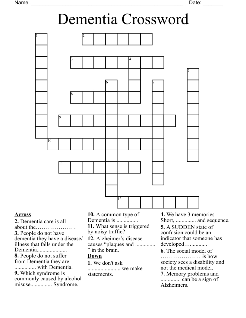 Dementia Crossword - Wordmint intended for Free Printable Word Search Puzzles For Dementia Patients