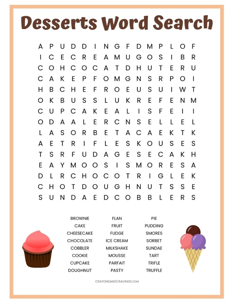 Desserts Word Search - Free Printable Worksheet for Printable Word Search Fun