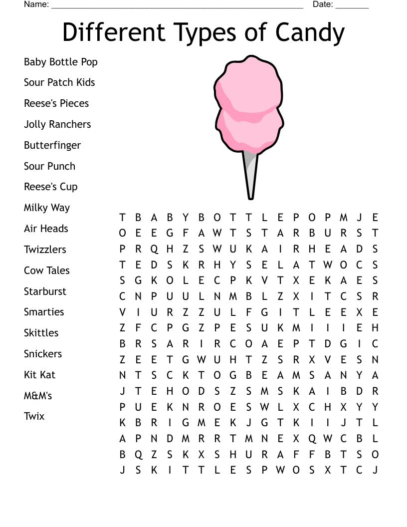 Different Types Of Candy Word Search - Wordmint for Printable Word Search Examples