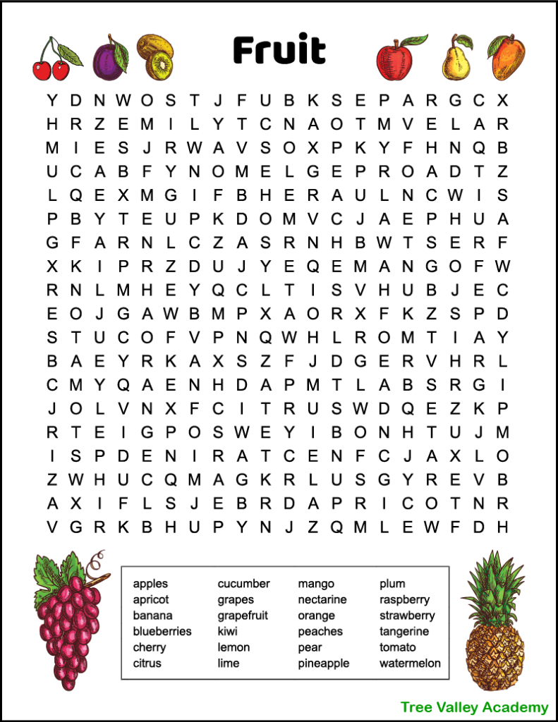 Difficult Fruit Word Search For Kids - Tree Valley Academy throughout Free Printable Word Search with Answer Key