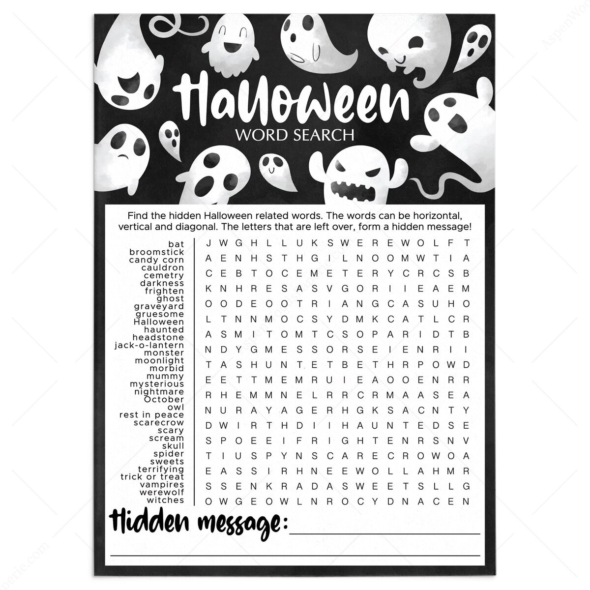 Difficult Halloween Word Search Printable Game | Instant Download within Printable Word Searches With Hidden Messages