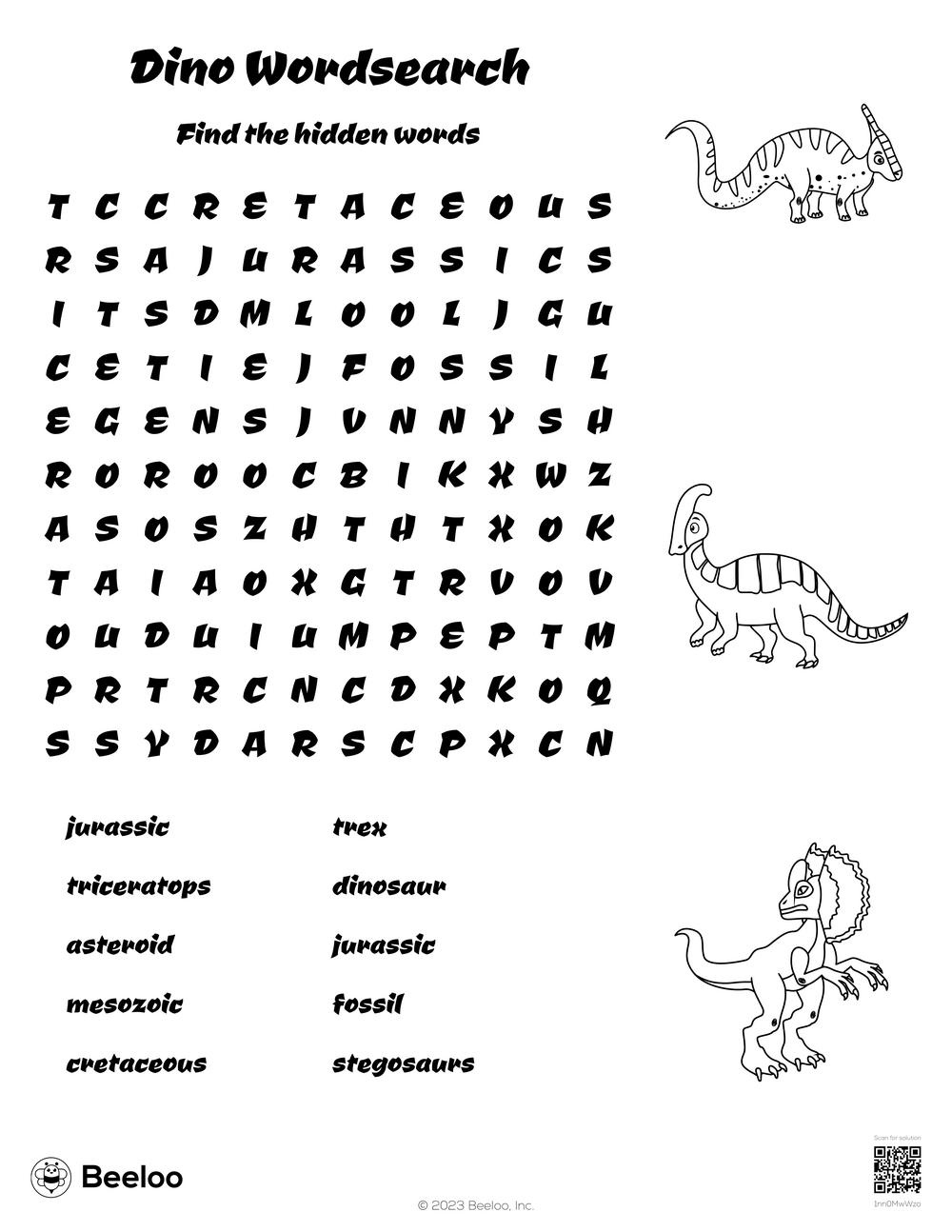 Dinosaur-Themed Word Searches • Beeloo Printable Crafts And in Free Printable Word Search Puzzle Dinosaurs