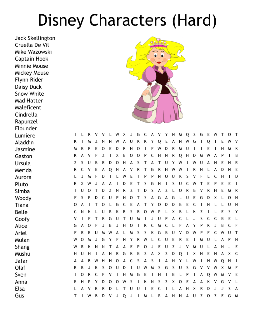 Disney Characters (Hard) Word Search - Wordmint with Disney Word Search Printable