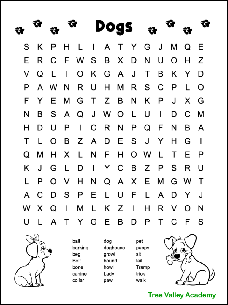 Dog Themed Word Search For Kids - Tree Valley Academy with regard to Printable Word Search For 6 Year Olds