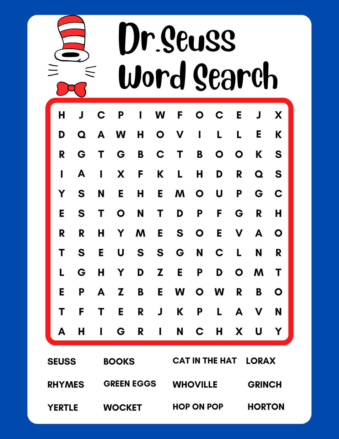 Dr. Seuss Word Search, Instant Download, Printable, Pdf - Etsy inside Free Printable Dr Seuss Word Search