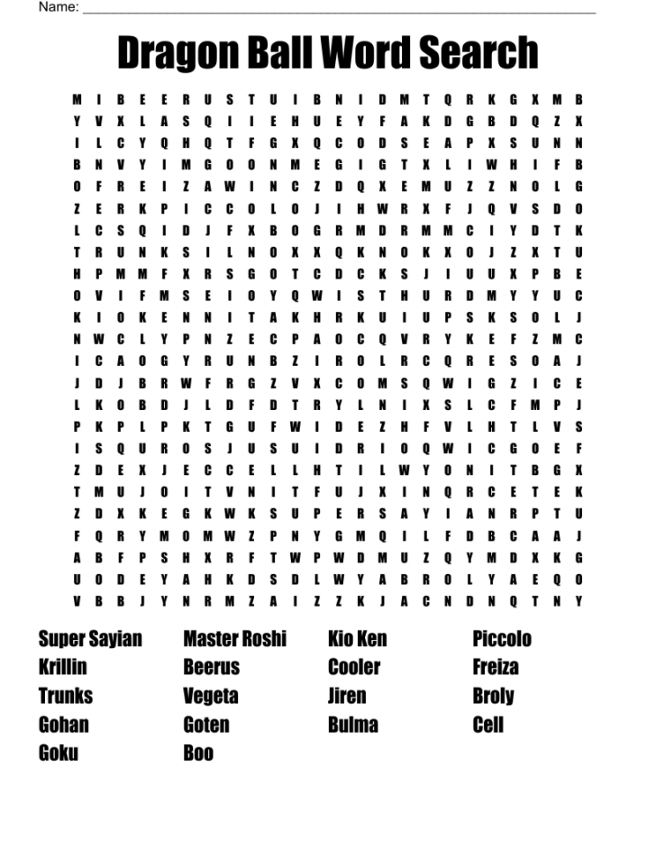 Dragon Ball Z Word Search Printable