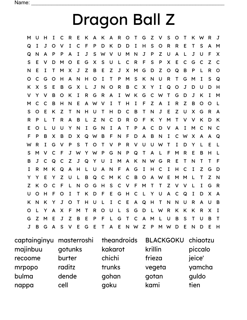 Dragon Ball Z Word Search - Wordmint throughout Dragon Ball Z Word Search Printable