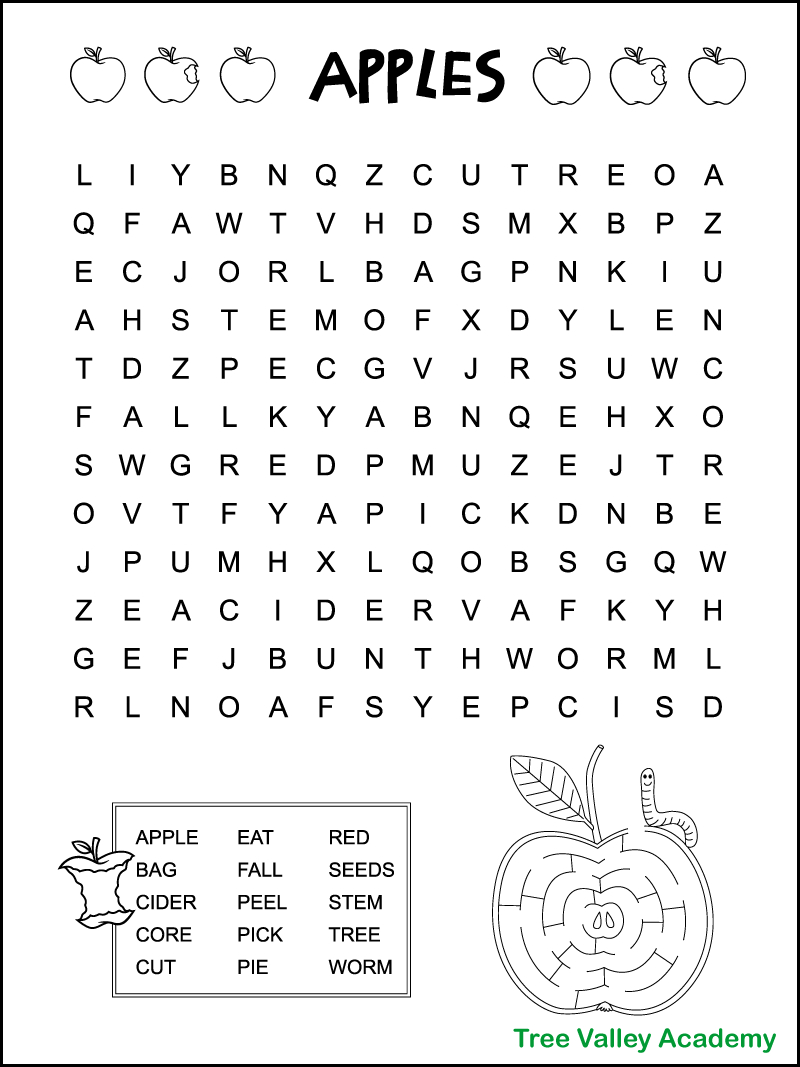 Easy Apple Word Search For Kids - Tree Valley Academy inside First Grade Word Search Printable