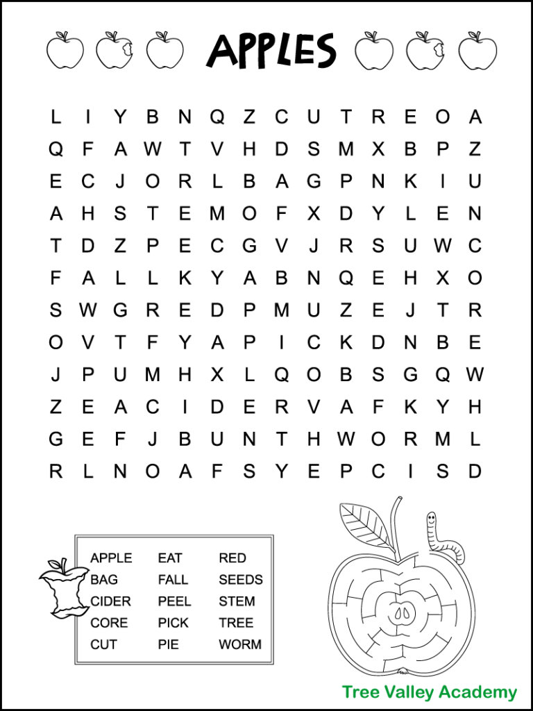 Easy Apple Word Search For Kids - Tree Valley Academy inside Free Printable Word Search Puzzles For Preschoolers