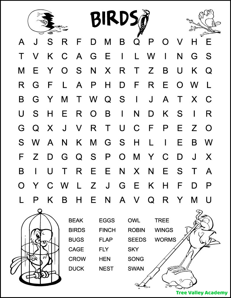 Easy Bird Word Search - Tree Valley Academy inside Printable Word Search For Primary School