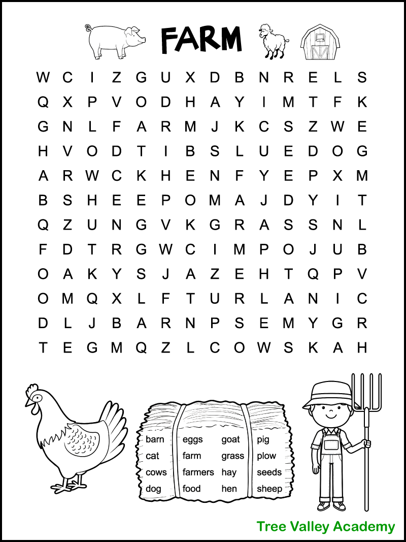 Easy Farm Word Search - Tree Valley Academy with Free Printable Word Search Puzzles For 7 Year Olds