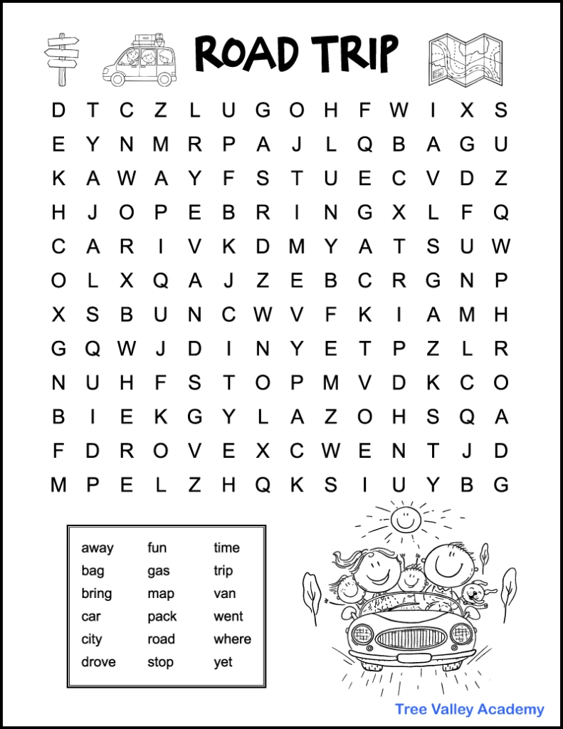 Easy Road Trip Word Search For Kids - Tree Valley Academy with regard to Free Printable Word Search Puzzles For 7 Year Olds