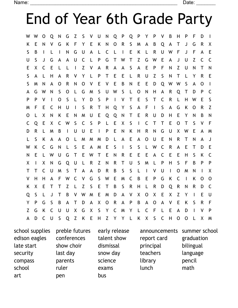 End Of Year 6Th Grade Party Word Search - Wordmint inside Free Printable Word Search 6th Grade