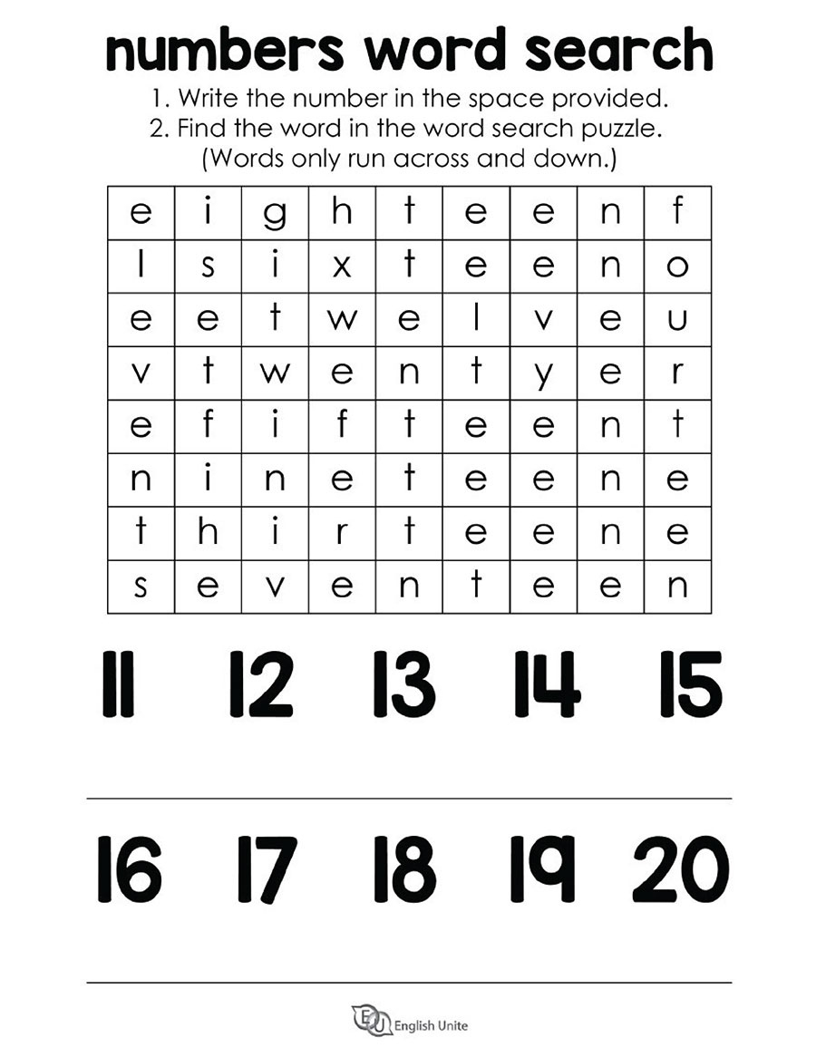 English Unite - Numbers 11 - 20 Word Search Puzzle for Number Word Search Printable