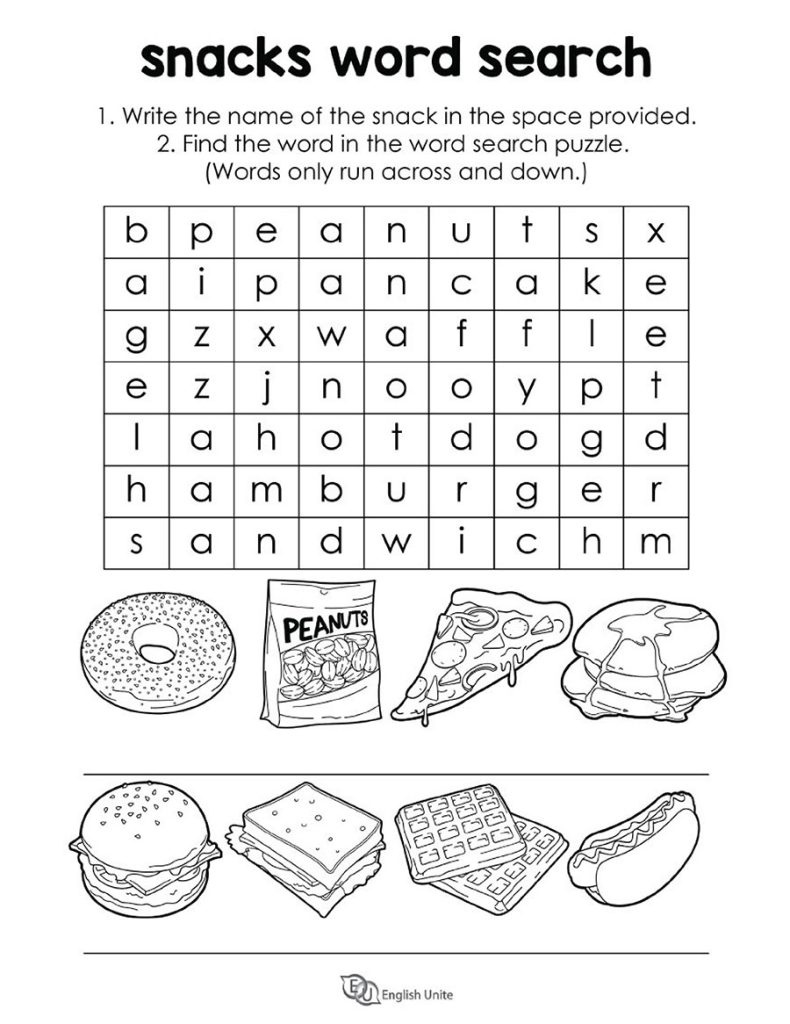 English Unite - Snacks And Fast Food Word Search Puzzle in Printable Word Search Sandwiches