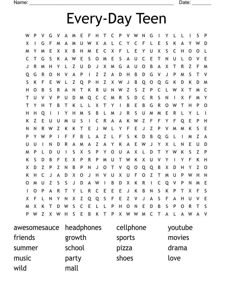 Every-Day Teen Word Search - Wordmint intended for Word Search For Teenager Printable