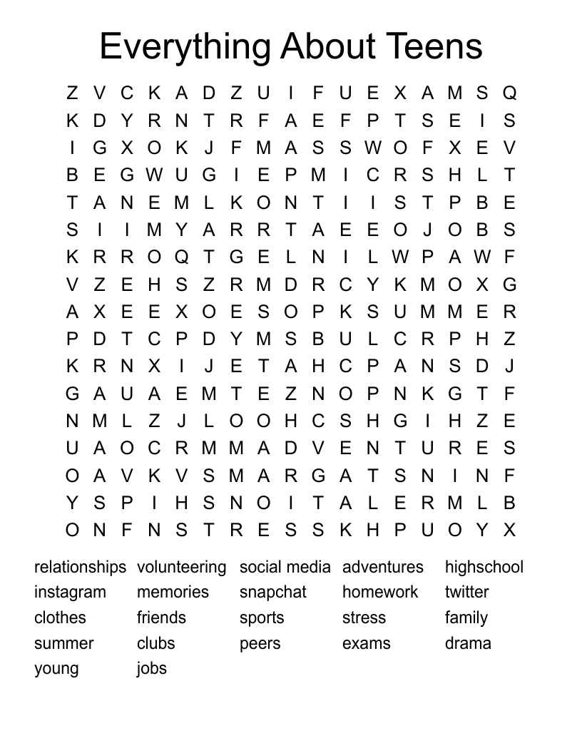 Everything About Teens Word Search - Wordmint with regard to Printable Word Search For 14 Year Olds
