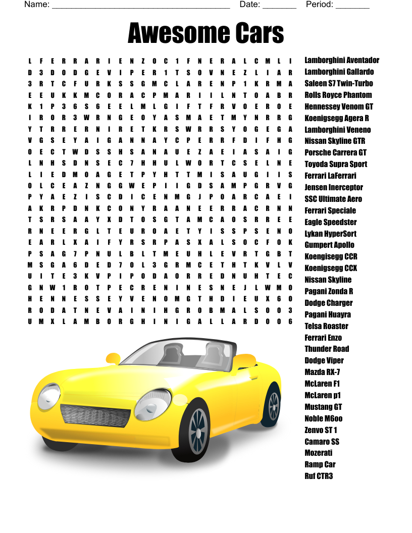 Exotic Car Word Search - Wordmint with regard to Free Printable Word Search Cars
