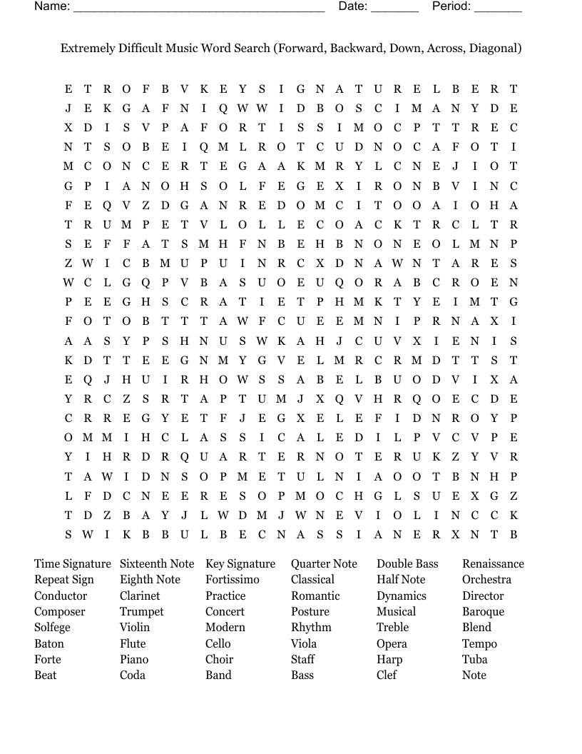 Extremely Difficult Music Word Search (Forward, Backward, Down for Music Word Search Free Printable