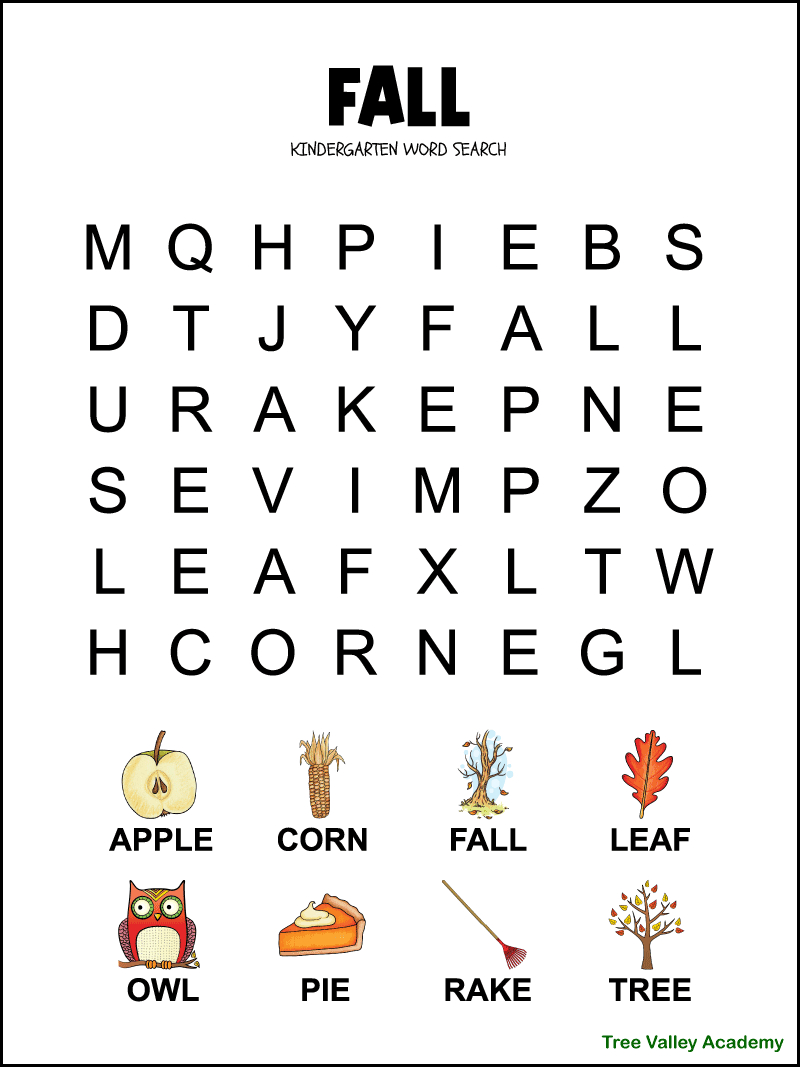 Fall Word Search For Kindergarten - Tree Valley Academy pertaining to Free Printable Kindergarten Word Search