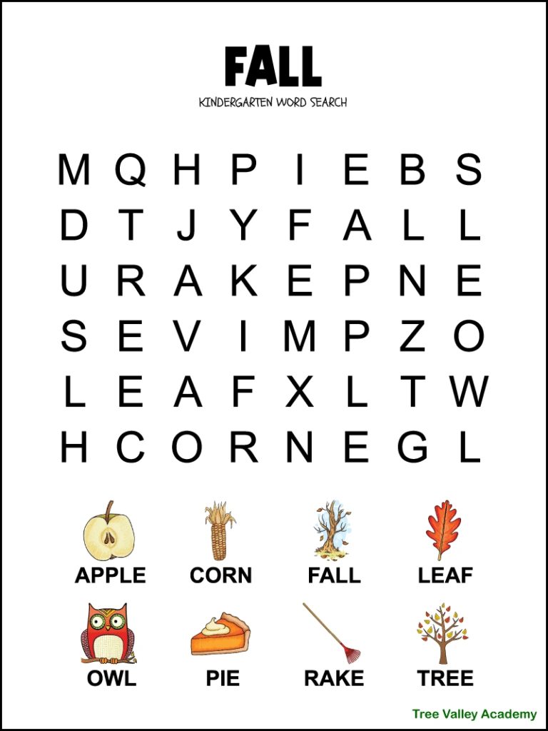 Fall Word Search For Kindergarten - Tree Valley Academy within Word Searches Printable Large Print