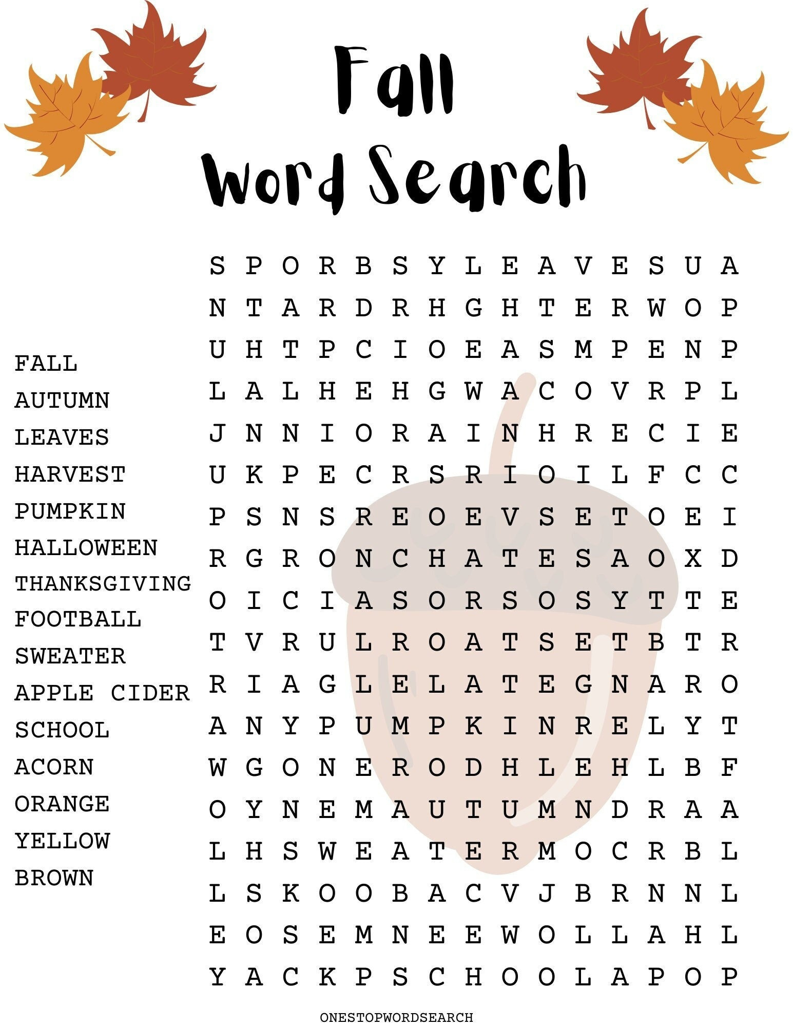 Fall Word Search Puzzle With Answer Sheet| Autumn Word Search pertaining to Word Search Fall Printable