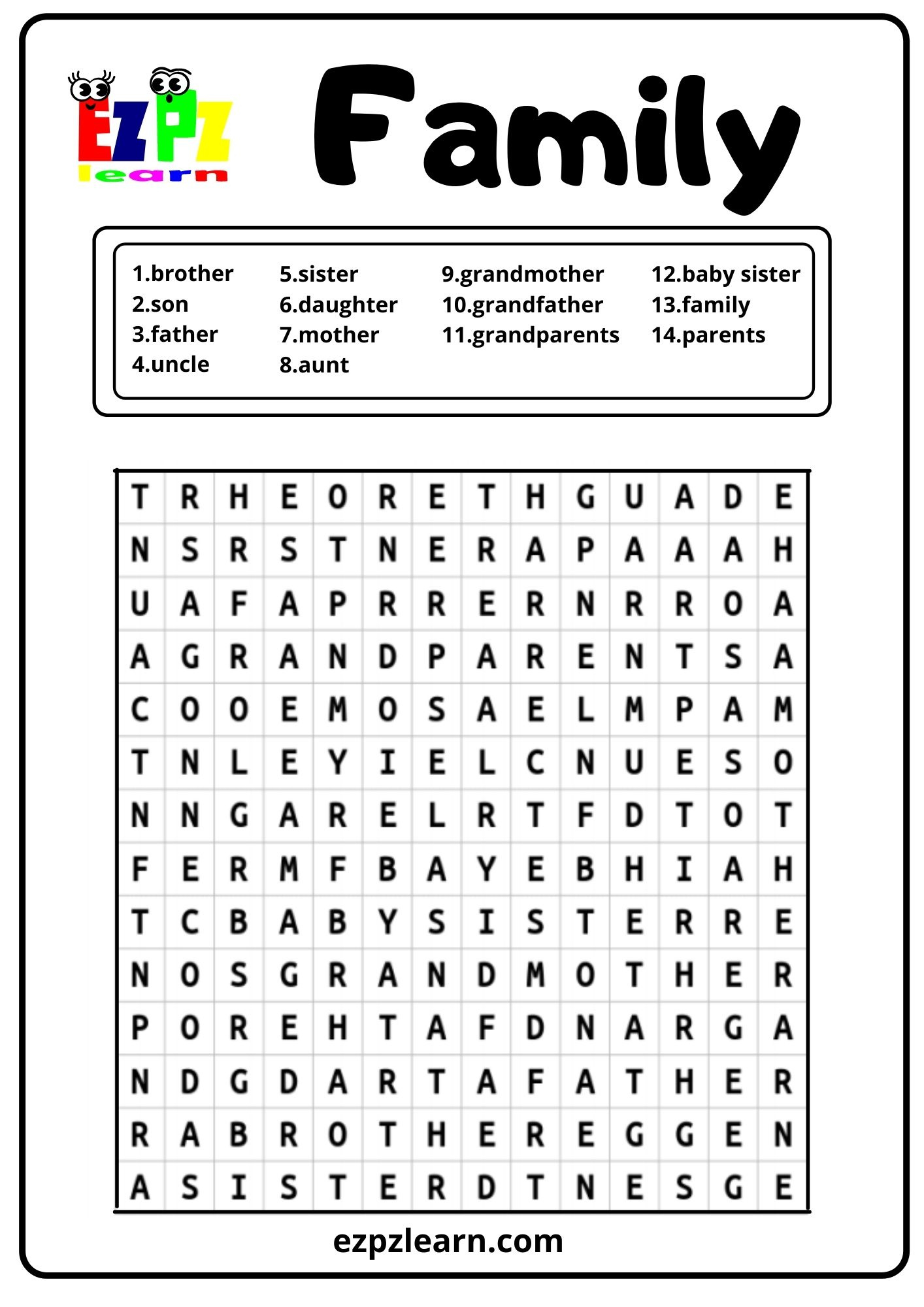 Family Word Search - Ezpzlearn pertaining to Word Search Worksheets Printable