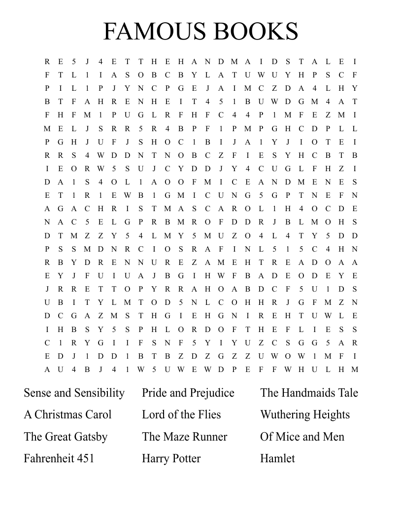 Famous Books Word Search - Wordmint throughout Printable Word Search Book For Adults