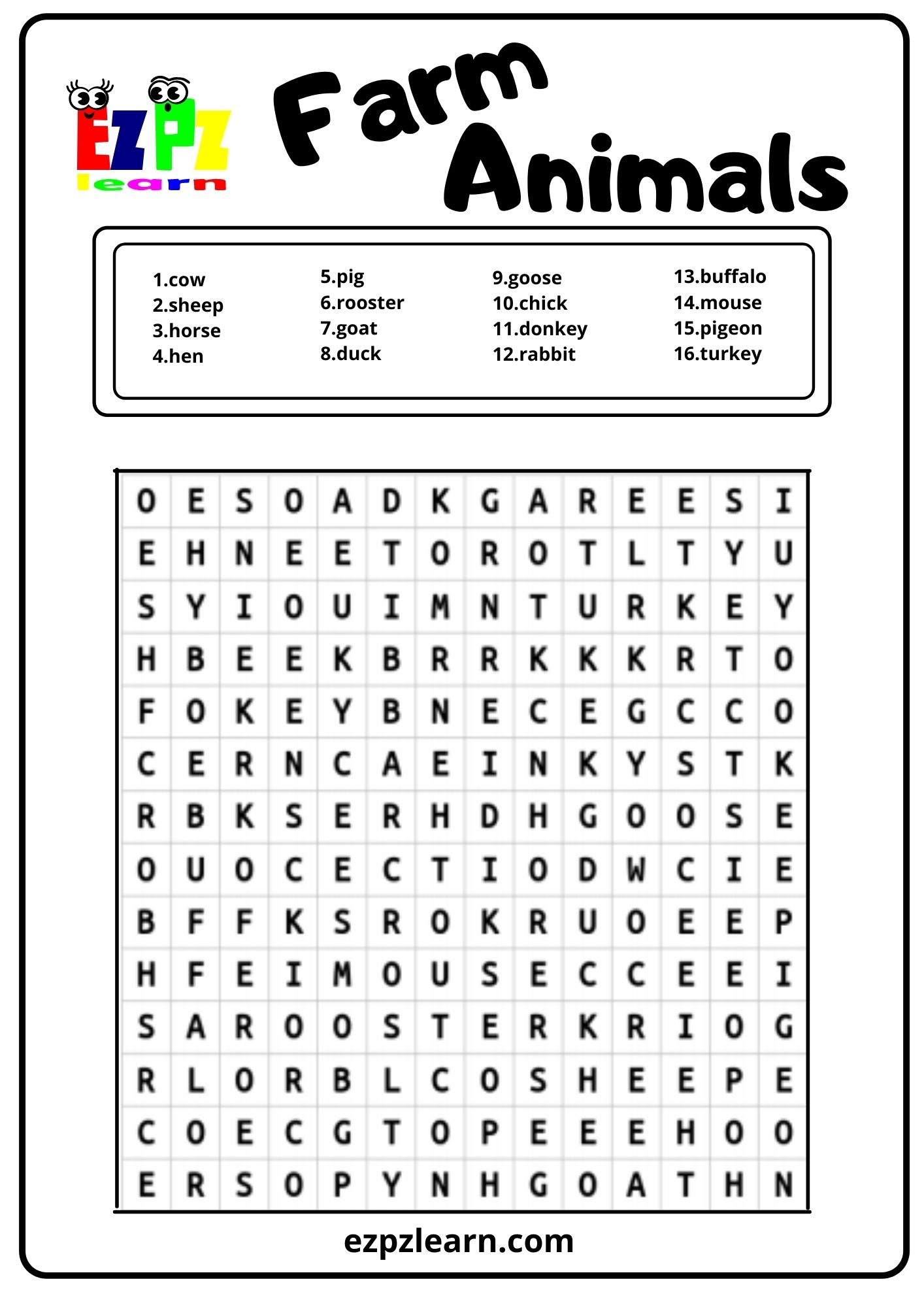 Farm Animals Word Search 1 - Ezpzlearn regarding Printable Word Search Farm Animals