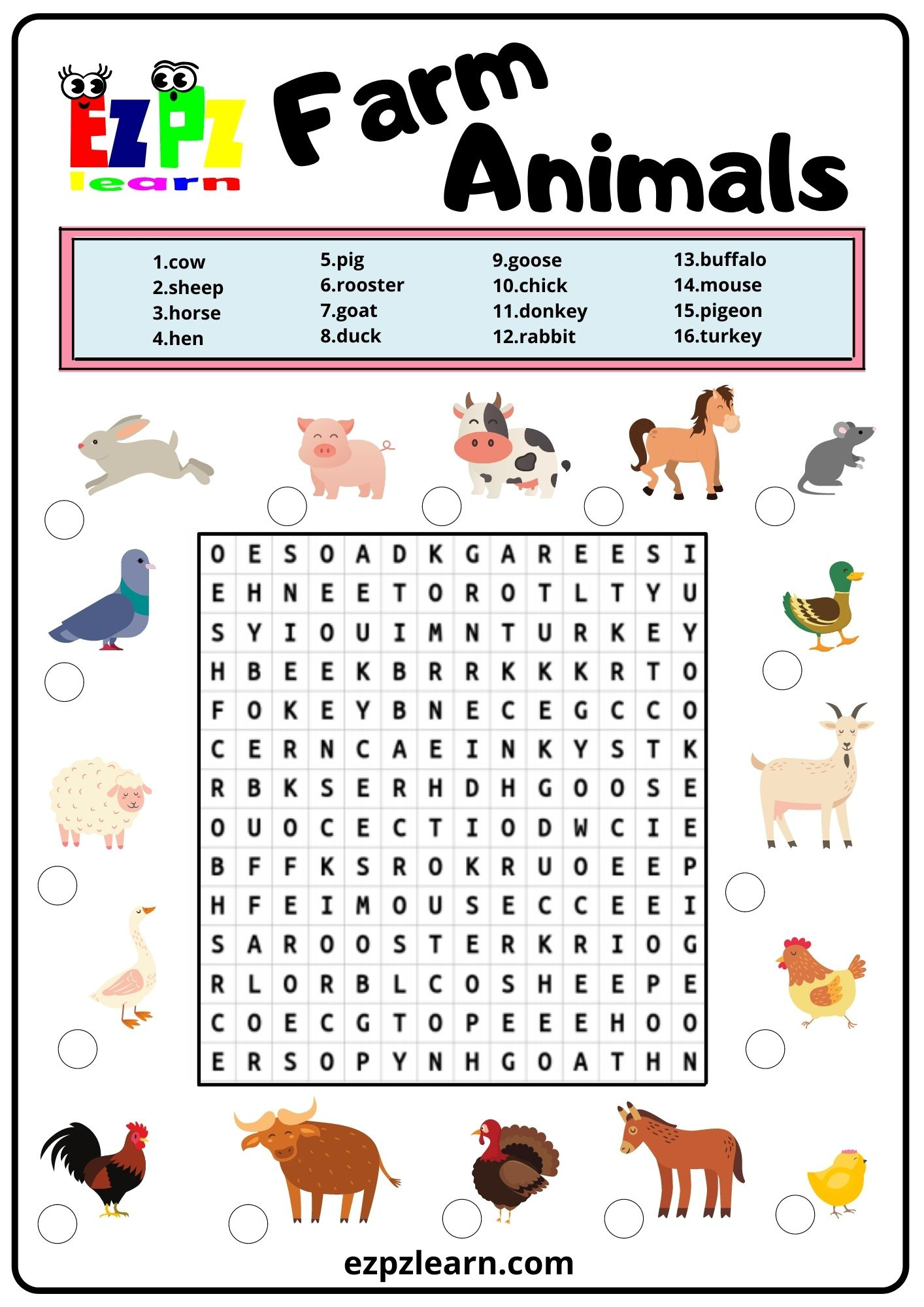 Farm Animals Word Search 2 - Ezpzlearn in Printable Word Search Farm Animals