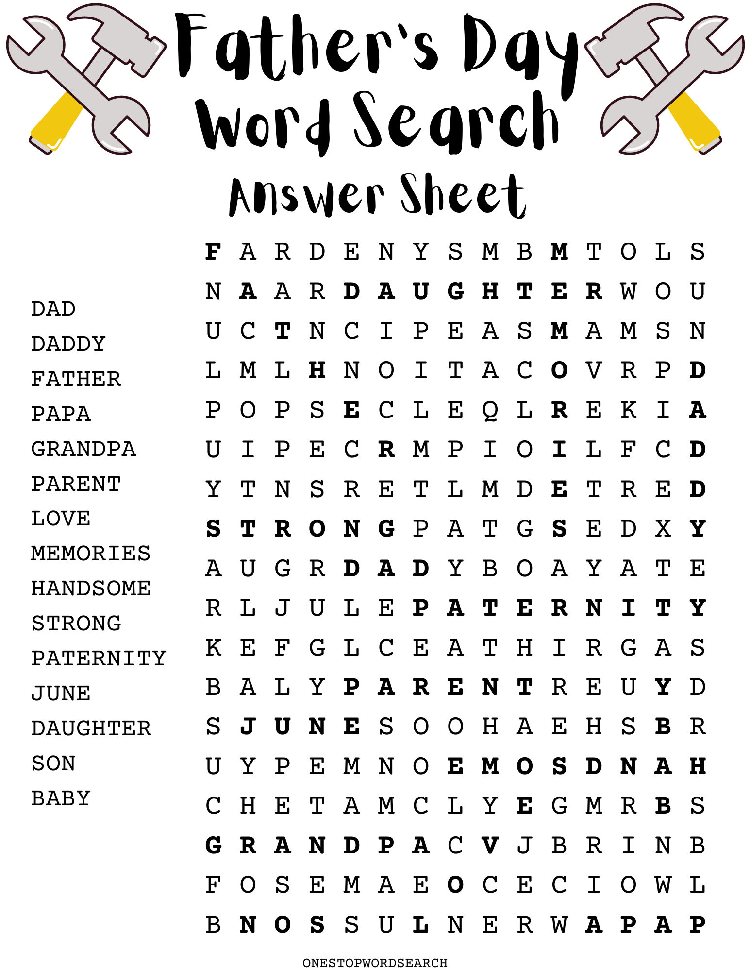 Father&amp;#039;S Day Word Search Puzzle With Answer Sheet| Holiday Games| Holiday Puzzles| Family Activities| Children&amp;#039;S Puzzles with Father&amp;#039;S Day Printable Word Search