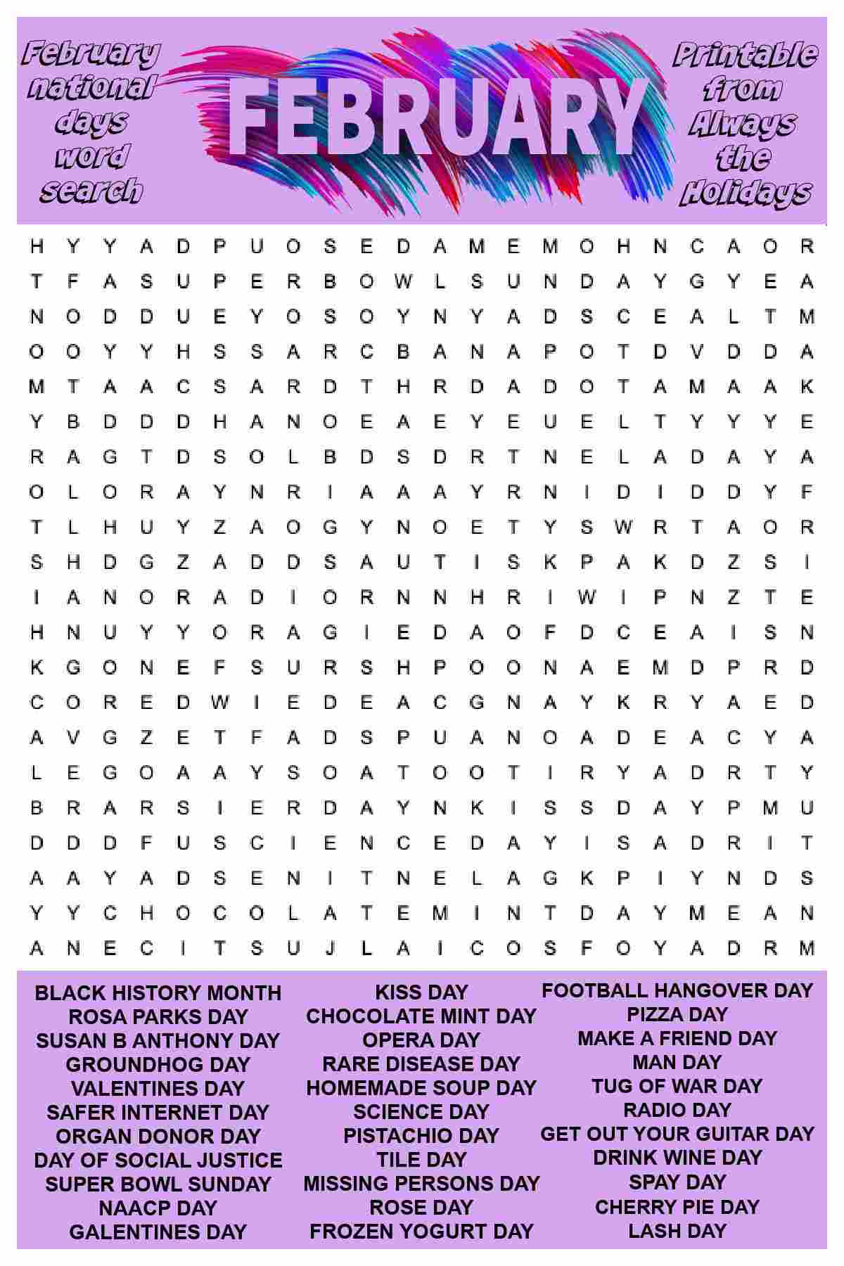 February Word Search Printable - National Days Word Find Puzzle for Free Printable Word Search February