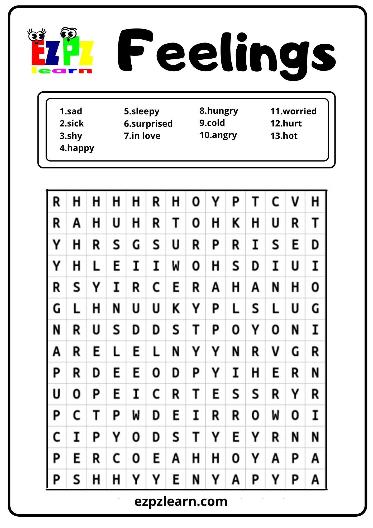 Feelings Word Search - Ezpzlearn for Printable Word Search Emotions
