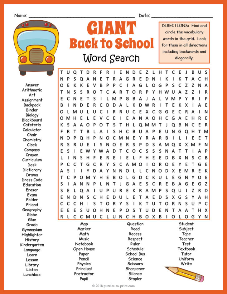 Back To School Word Search Printable