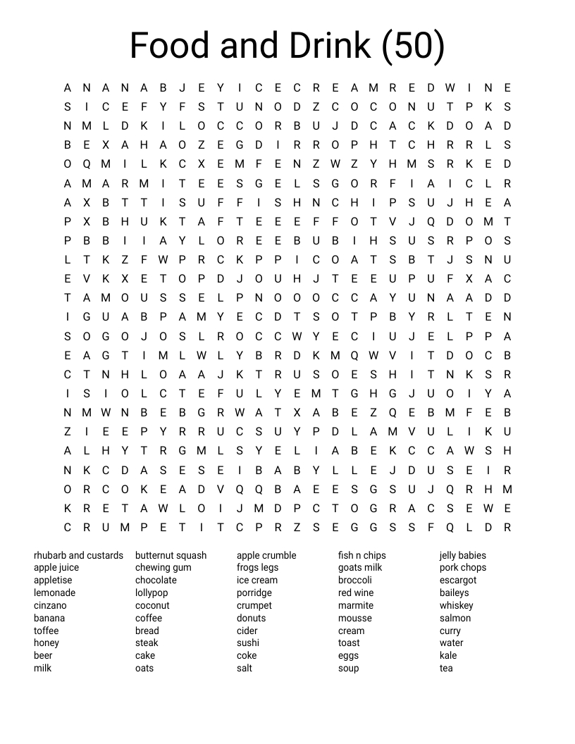 Food And Drink (50) Word Search - Wordmint for Word Searches Printable For Adults