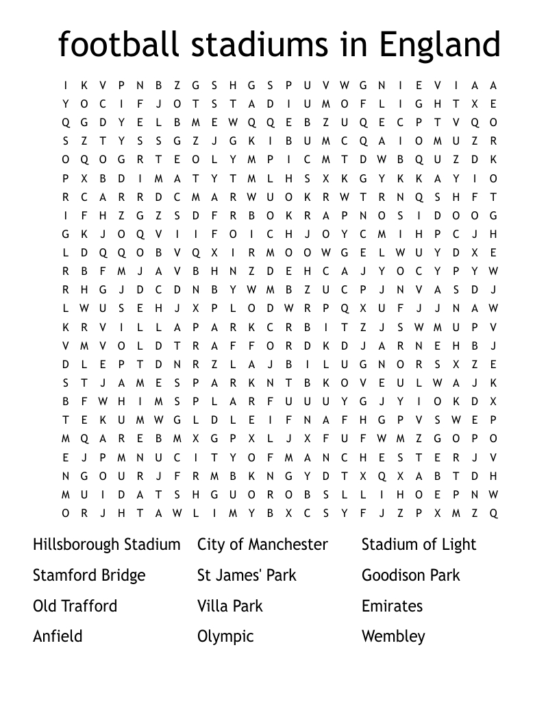 Football Stadiums In England Word Search - Wordmint for Football Printable Word Search