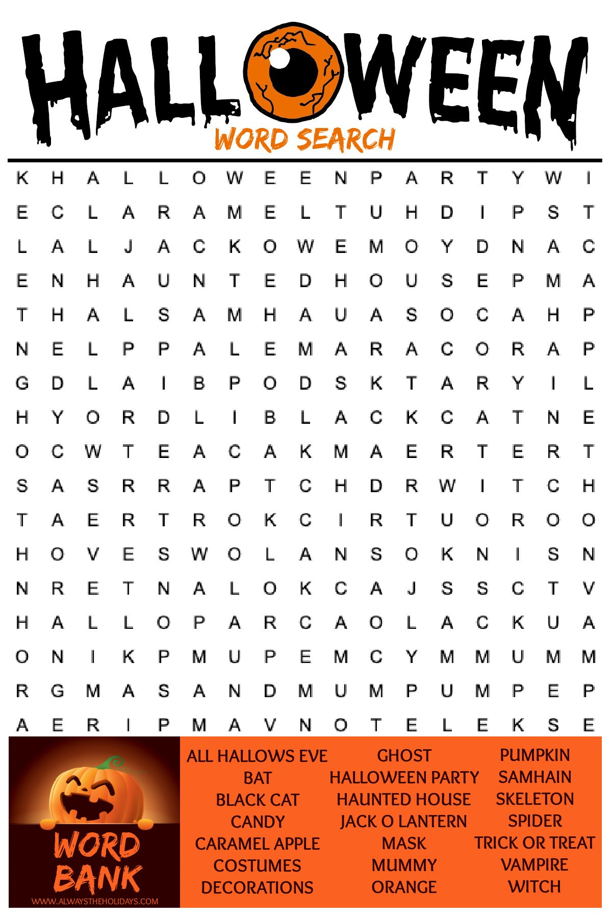 Free Halloween Word Search Printable - With Answer Key Included for Halloween Word Search Printable