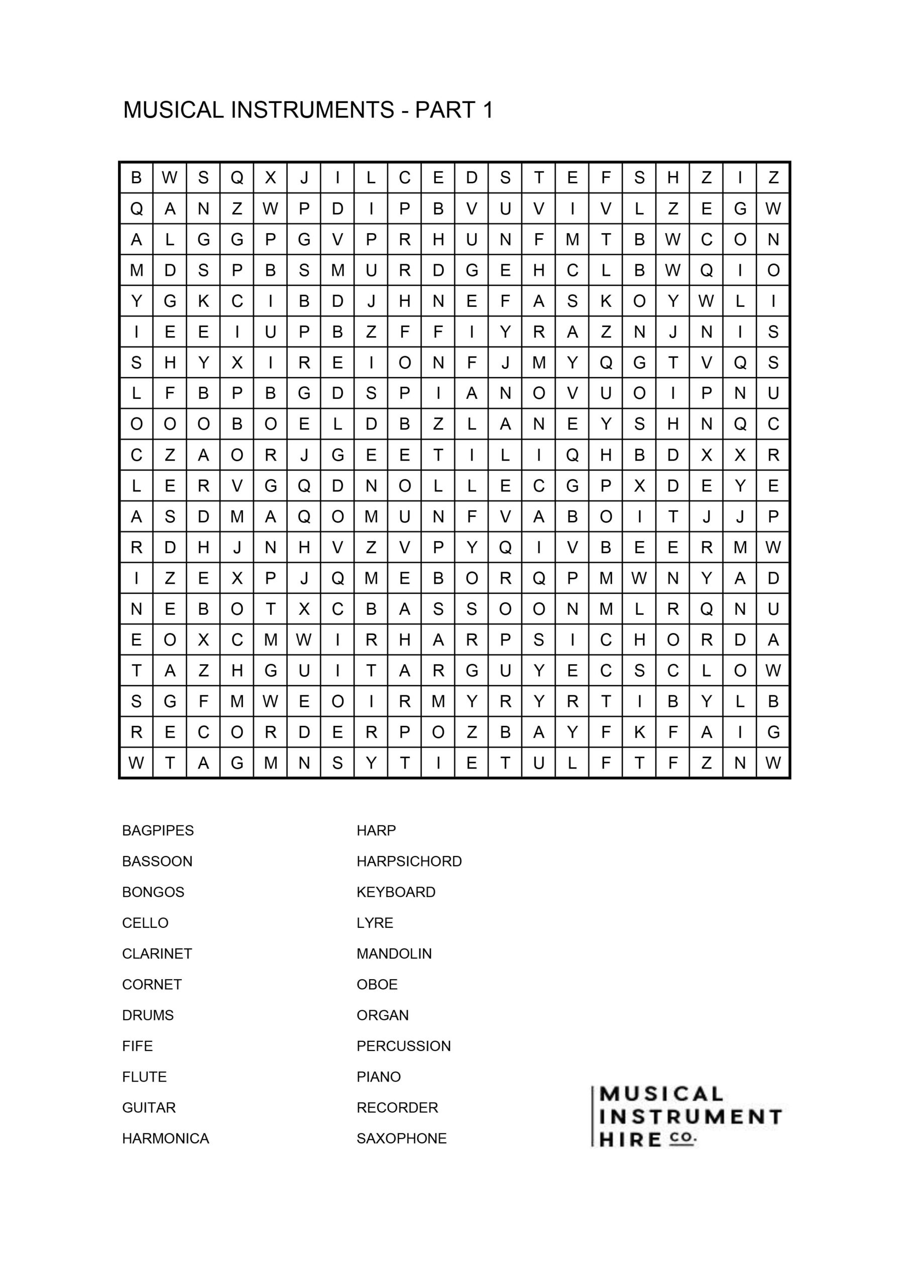 Free Music Word Search Puzzles - Musical Instrument Hire Co in Word Search Music Printable