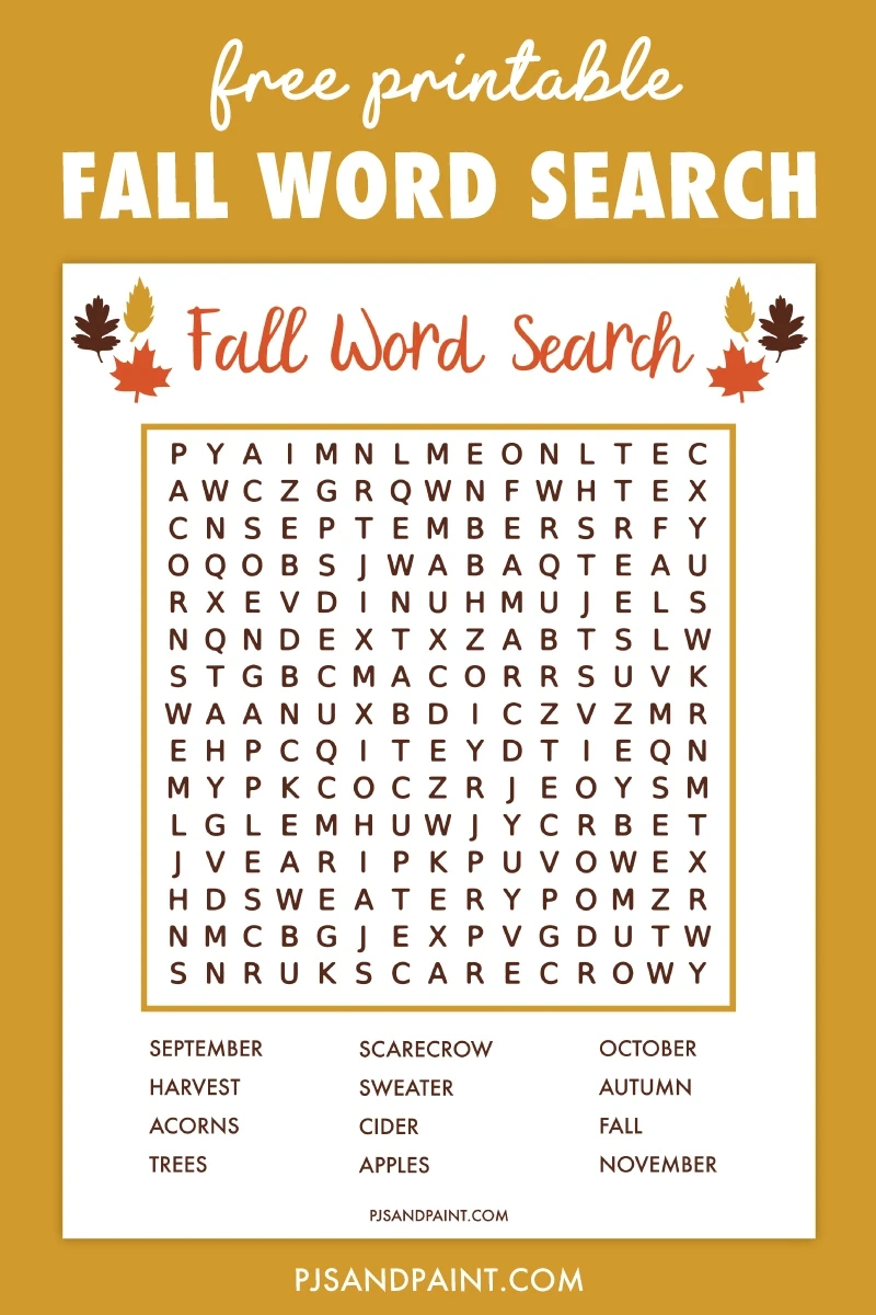 Free Printable Fall Word Search - Pjs And Paint in Autumn Word Search Free Printable